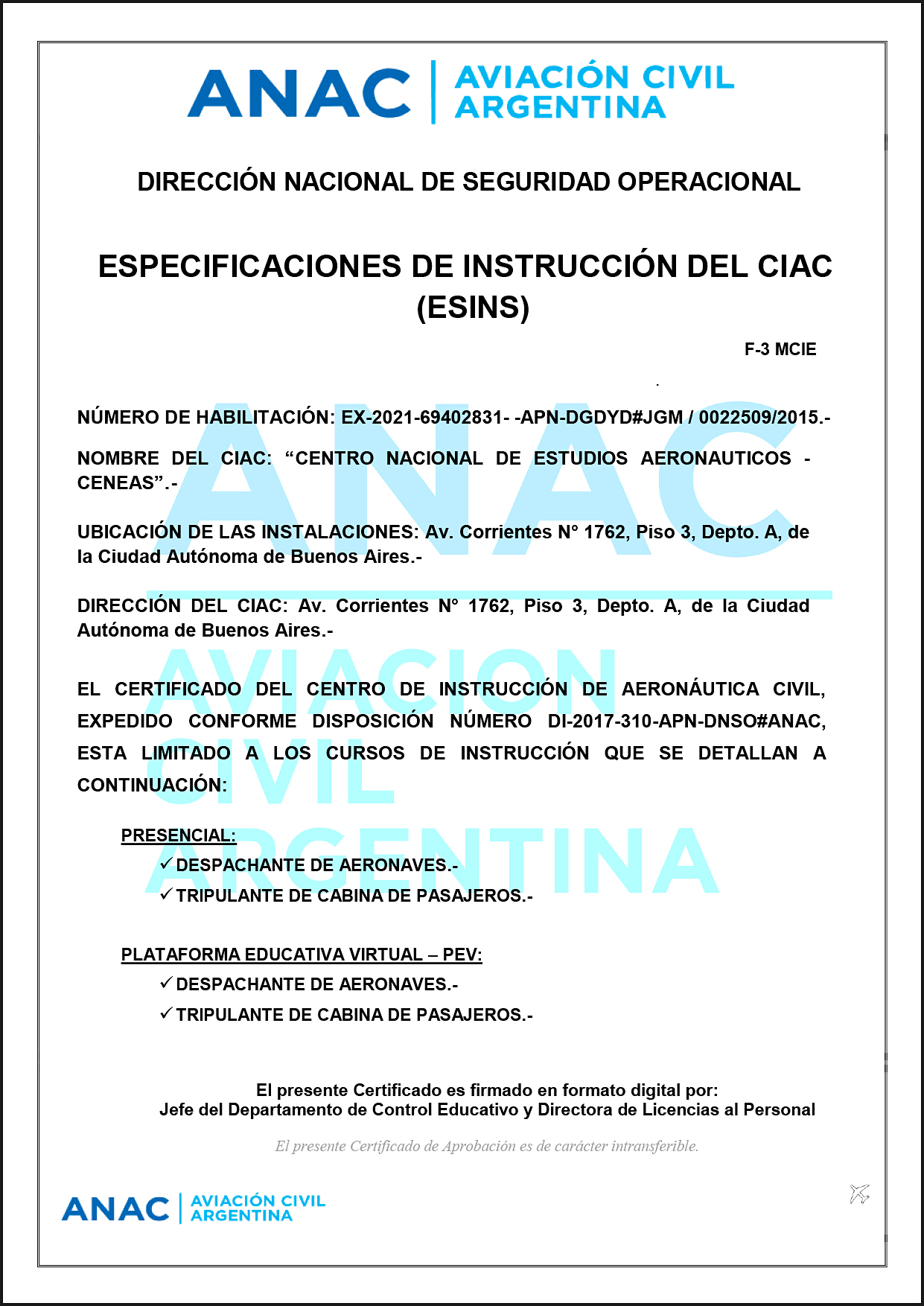 Especificaciones de Instrucción del CIAC (EINS)
